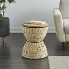 Table d'appoint en rotin tissé à la main avec plateau en bois et cadre noir - Marron clair ou Marron