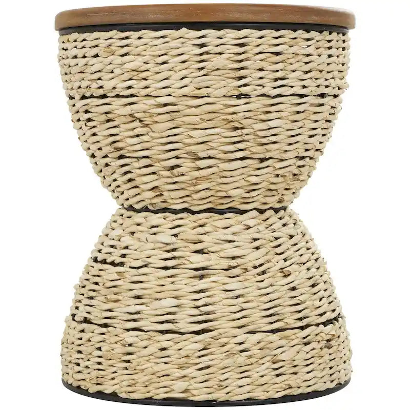 Table d'appoint en rotin tissé à la main avec plateau en bois et cadre noir - Marron clair ou Marron