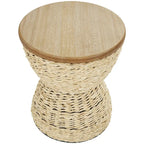Table d'appoint en rotin tissé à la main avec plateau en bois et cadre noir - Marron clair ou Marron