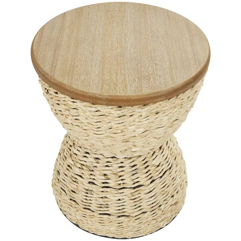 Table d'appoint en rotin tissé à la main avec plateau en bois et cadre noir - Marron clair ou Marron