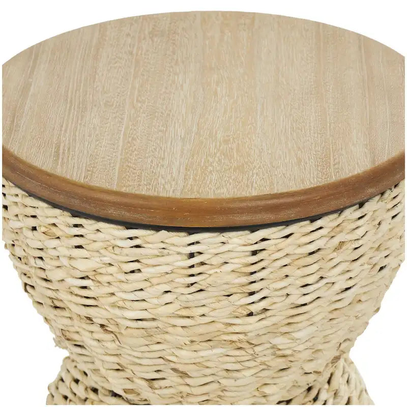 Table d'appoint en rotin tissé à la main avec plateau en bois et cadre noir - Marron clair ou Marron
