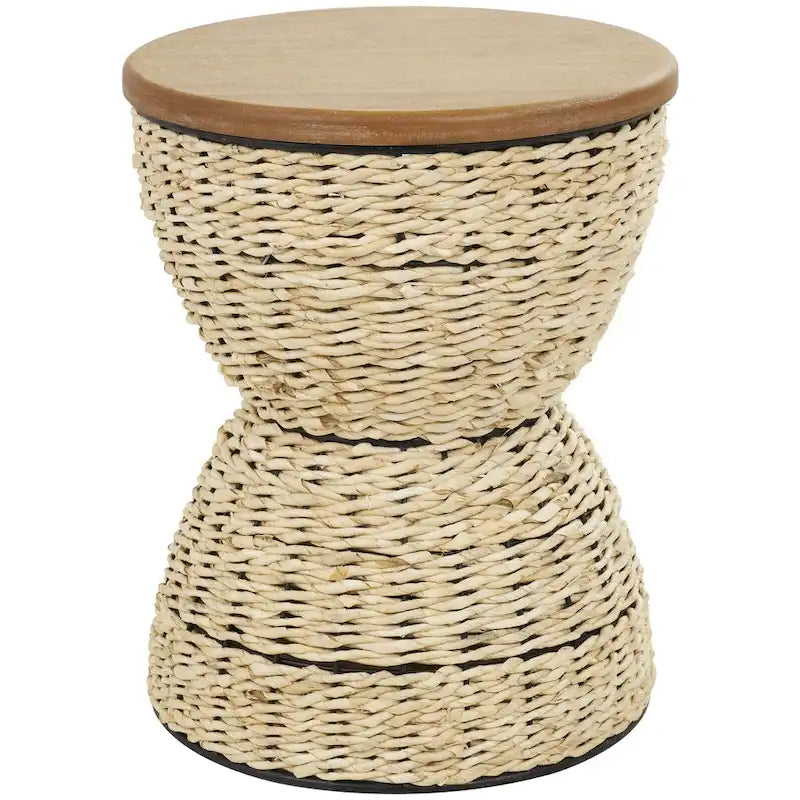 Table d'appoint en rotin tissé à la main avec plateau en bois et cadre noir - Marron clair ou Marron