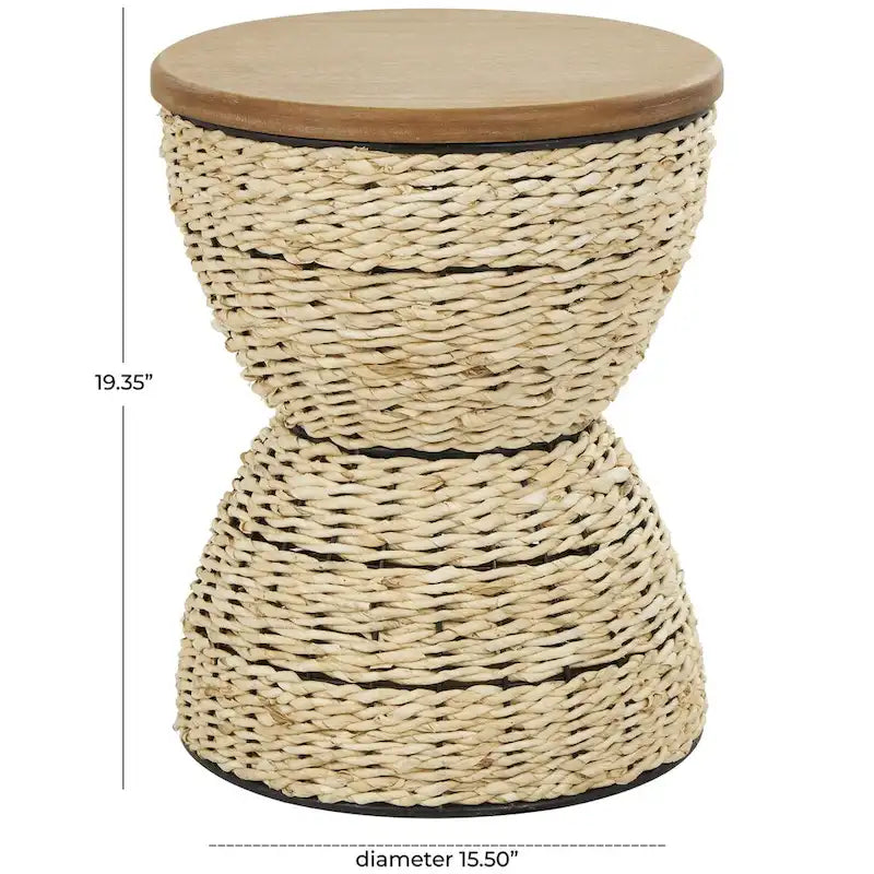 Table d'appoint en rotin tissé à la main avec plateau en bois et cadre noir - Marron clair ou Marron