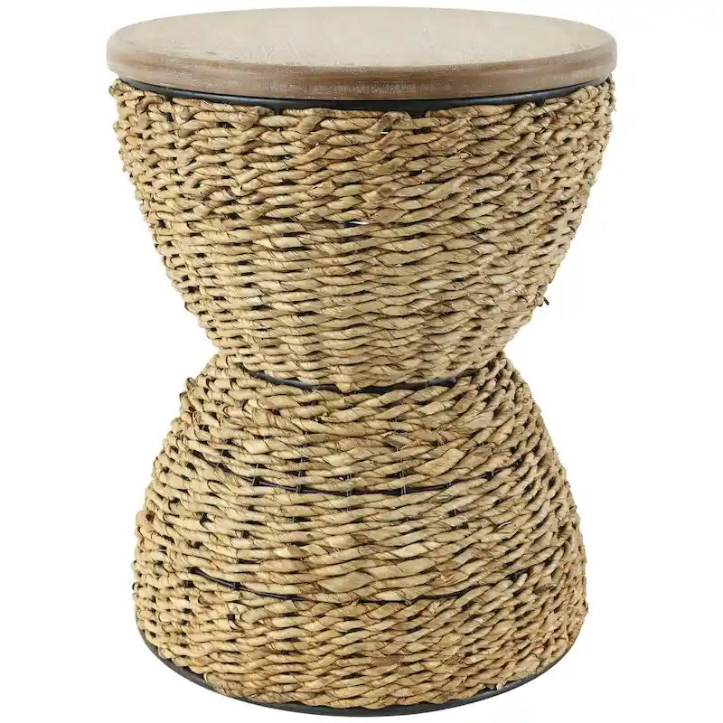 Table d'appoint en rotin tissé à la main avec plateau en bois et cadre noir - Marron clair ou Marron