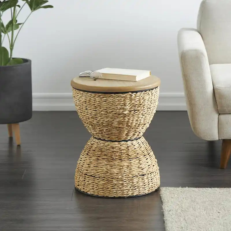 Table d'appoint en rotin tissé à la main avec plateau en bois et cadre noir - Marron clair ou Marron