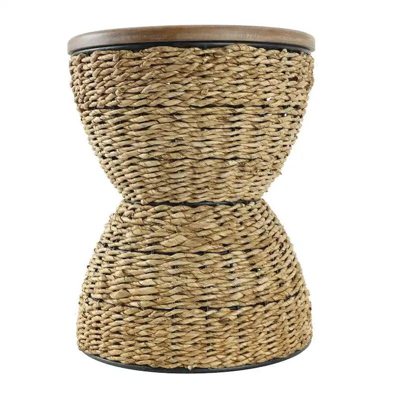 Table d'appoint en rotin tissé à la main avec plateau en bois et cadre noir - Marron clair ou Marron