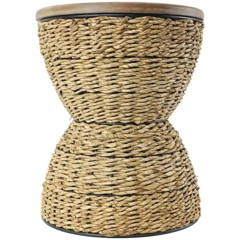 Table d'appoint en rotin tissé à la main avec plateau en bois et cadre noir - Marron clair ou Marron