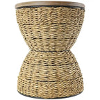 Table d'appoint en rotin tissé à la main avec plateau en bois et cadre noir - Marron clair ou Marron