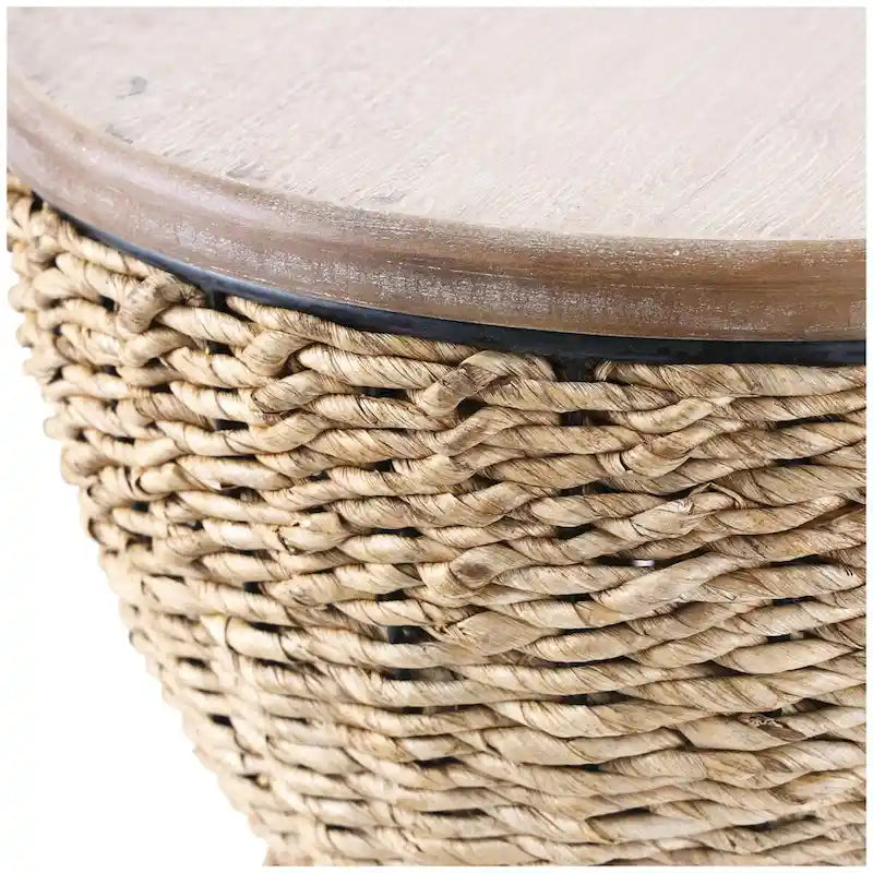 Table d'appoint en rotin tissé à la main avec plateau en bois et cadre noir - Marron clair ou Marron