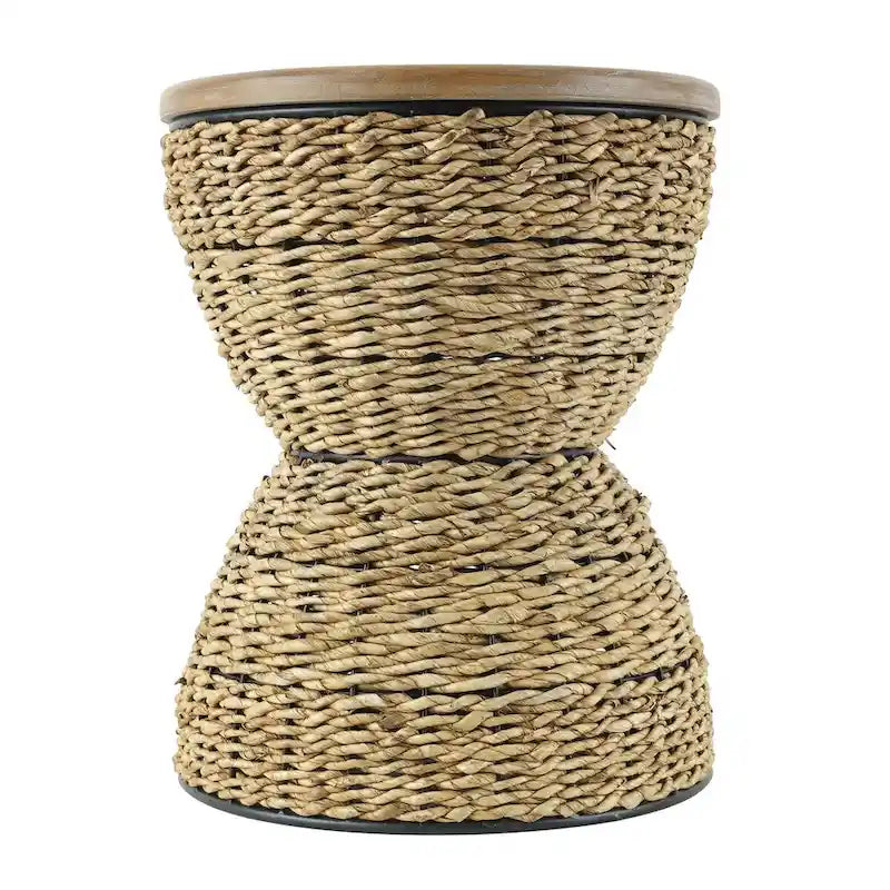Table d'appoint en rotin tissé à la main avec plateau en bois et cadre noir - Marron clair ou Marron
