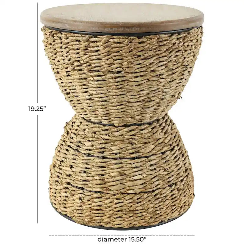 Table d'appoint en rotin tissé à la main avec plateau en bois et cadre noir - Marron clair ou Marron